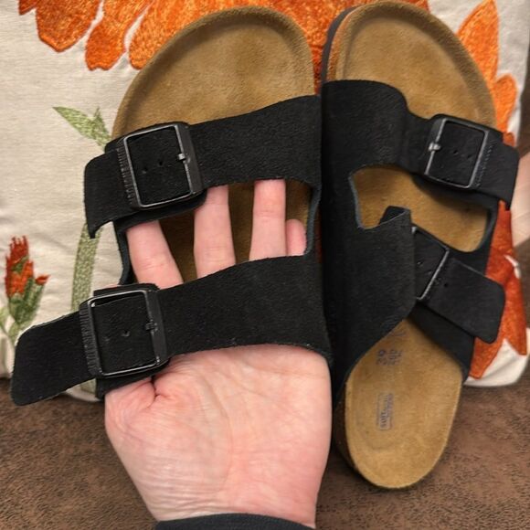 BIRKENSTOCK ARIZONA SOFT FOOTBED BLACK SUEDE CORK DOUBLE BUCKLE 39 REGULAR M6 L8 - Picture 6 of 15